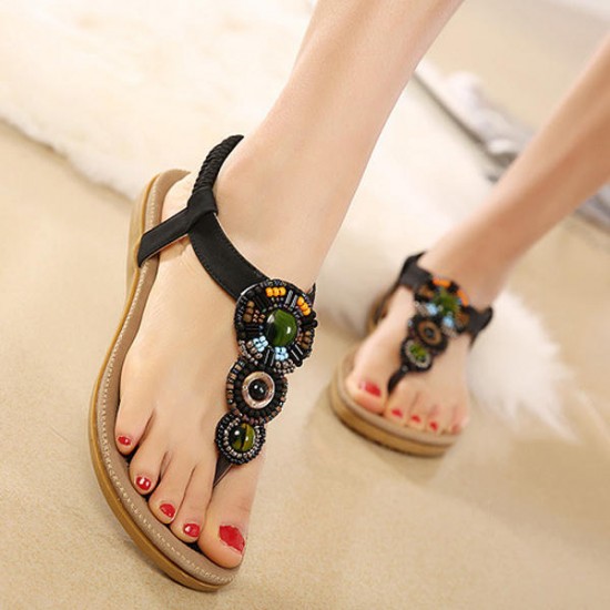 Bohemia Rhinestone Bead Beach Sandals Elastic Slip On Flat Sandals