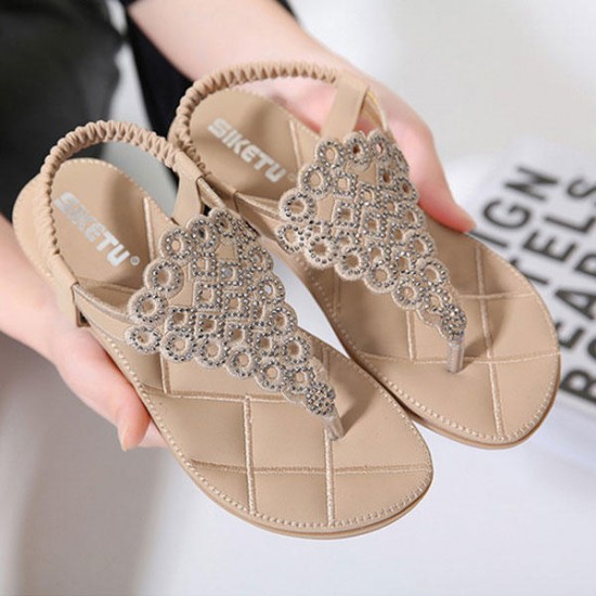 Bohemia Rhinestones Clip Toe Elastic Flat Sandals