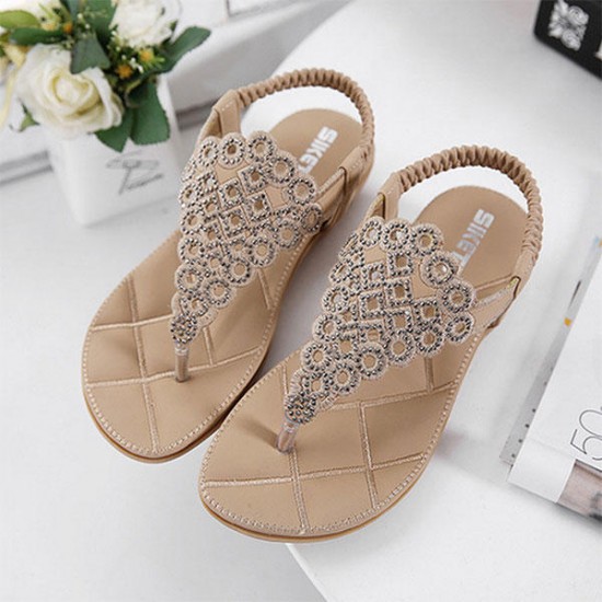 Bohemia Rhinestones Clip Toe Elastic Flat Sandals