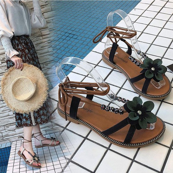 Bohemian Beach Shoe Summer Lace Up Flower Comfy Flat Sandals