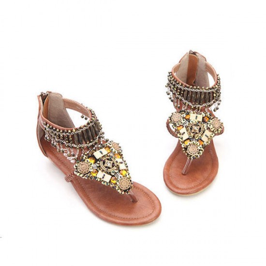 Bohemian Bead Chain Metal Pu Retro Clip Toe Zipper Flat Beach Outdoor Comfortable Ankle Sandals