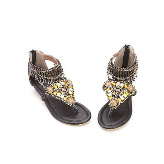 Bohemian Bead Chain Metal Pu Retro Clip Toe Zipper Flat Beach Outdoor Comfortable Ankle Sandals