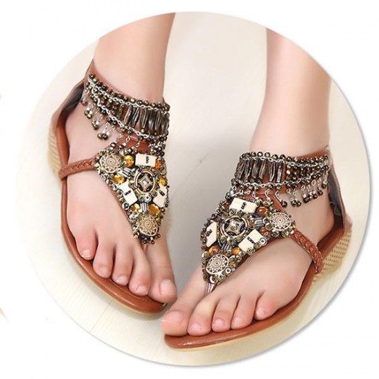 Bohemian Bead Chain Metal Pu Retro Clip Toe Zipper Flat Beach Outdoor Comfortable Ankle Sandals