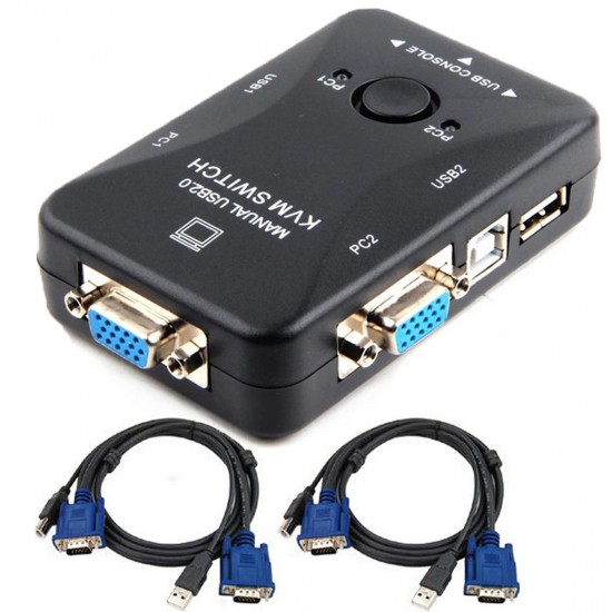 2 Port USB 2.0 VGA KVM Switch Monitor Keyboard Mouse Sharing Switch Adapter with VGA Cables
