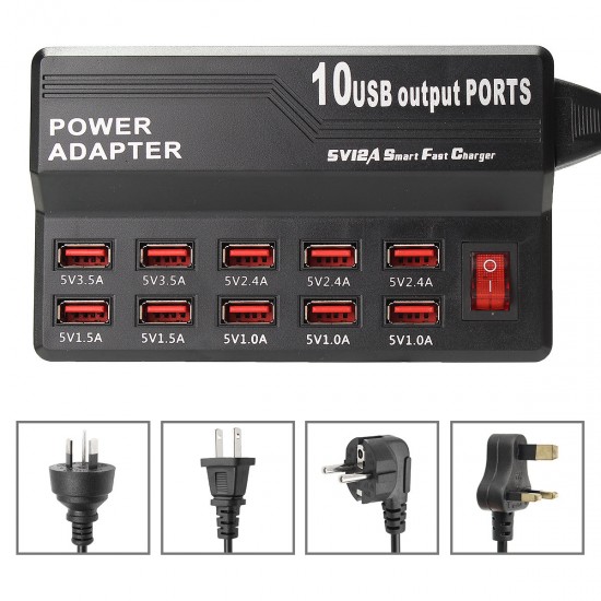 10 USB 2.0 Ports 5V 12A Charging Station Universal Charger Power Adapter