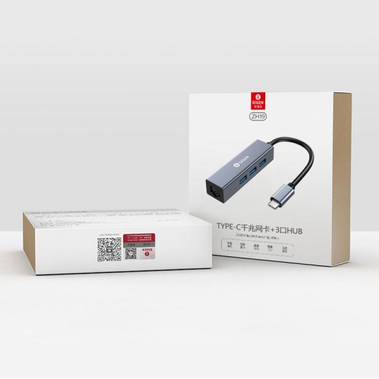Biaze ZH19 Aluminum Alloy Type-C to 3-Port USB 3.0 + 1000Mbps Gigabit RJ45 Hub