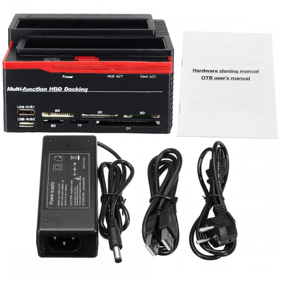 2.5/3.5" SATA IDE HDD Docking Station Clone Backup Hard Drive Enclosure USB2.0 HUB Card Reader EU