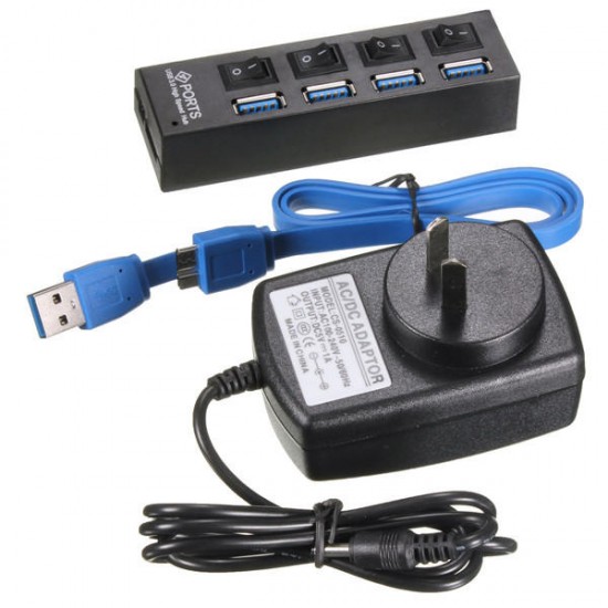 4 Ports USB 3.0 HUB On/Off Switch AC Adapter