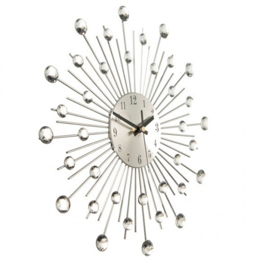 Diamante Crystal Effect Jeweled Sunburst Silver Wire Wall Clock