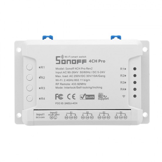 SONOFF® 4CH Pro R2 10A 2200W 2.4Ghz 433MHz RF Inching/Self-Locking/Interlock Smart Home Module WIFI Wireless Switch APP Remote Control AC 90V-250V / 5-24V DC Din Rail Mounting Home Automation Module