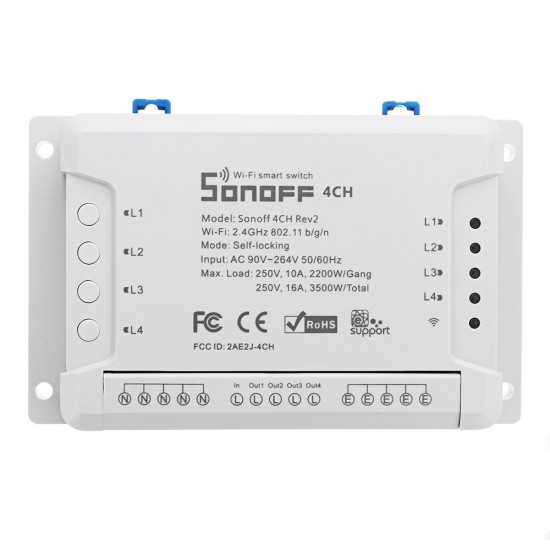 SONOFF® 4CH R2 4 Channel 10A 2200W 2.4Ghz Smart Home WIFI Wireless Switch APP Remote Control AC 90V-250V 50/60Hz Din Rail Mounting Home Automation Module