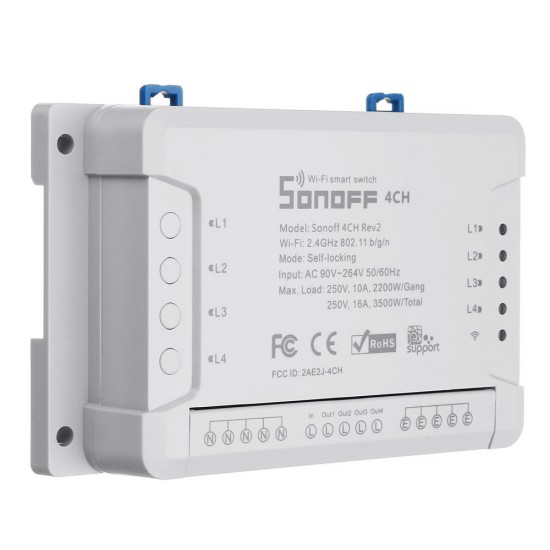 SONOFF® 4CH R2 4 Channel 10A 2200W 2.4Ghz Smart Home WIFI Wireless Switch APP Remote Control AC 90V-250V 50/60Hz Din Rail Mounting Home Automation Module