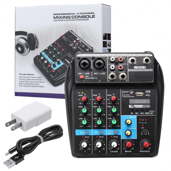 4 Channels USB Portable Mixer Bluetooth Record Live Studio DJ Audio Mixing Console