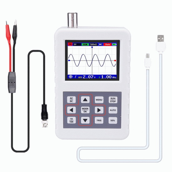 DANIU ADS2050H Handheld Oscilloscope High Precision 5MHz Bandwidth 20M Sampling Rate 2.4 Inch LCD Screen One Key Auto Built-in Lithium Battery Waveform Store