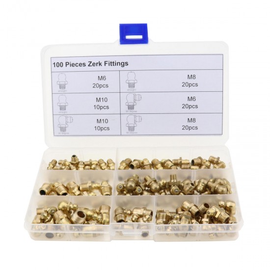 100pcs Hydraulic Brass Zerk Grease Nipple Fitting Assortment M6/M8/M10 Machinery Parts