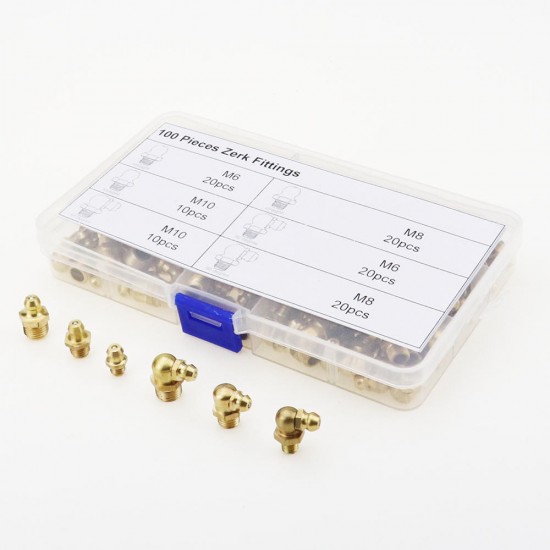 100pcs Hydraulic Brass Zerk Grease Nipple Fitting Assortment M6/M8/M10 Machinery Parts