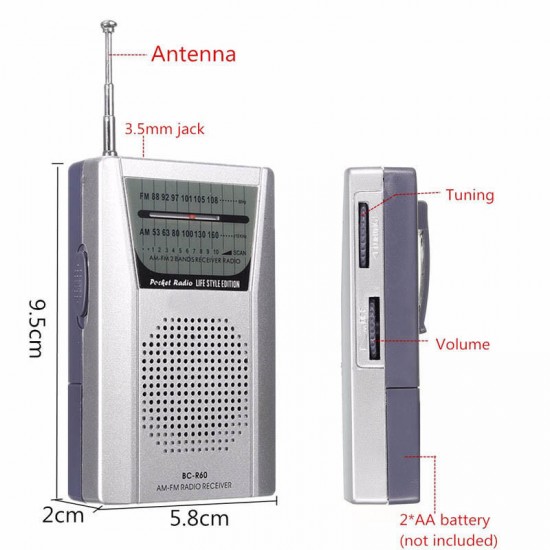 Indin BC-R60 Mini Pocket Portable AM/FM Receiver Radio Player Telescopic Antenna Speaker