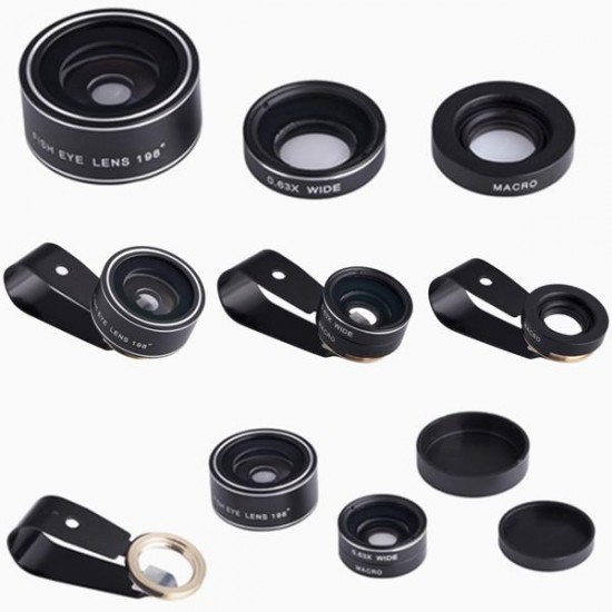 3 in 1 10X Macro 0.63 Wide Angle 198 Degree Fisheye Camera Lens High Definition for Mobile Phone Iphone Huawei Xiaomi