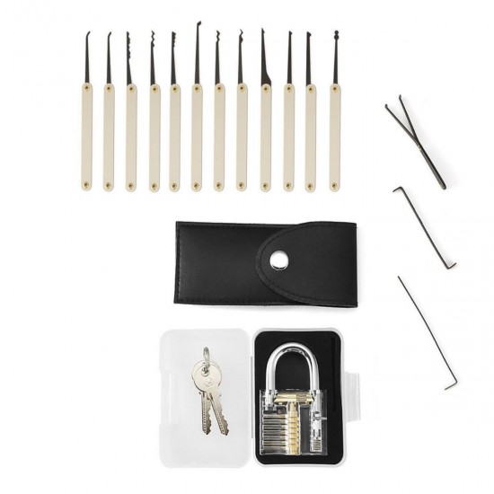 15Pcs Lock Picks Set Key Extractor Tool Unlocking Practice with Transparent Practice Padlock 15Pcs Lock Picks Set Key Extractor Tool Unlocking Practice with Transparent Practice Padlock
