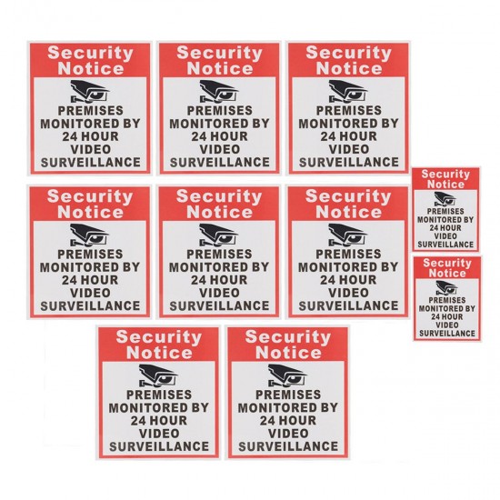 10Pcs Camera Video Surveillance Sign Sticker Security Notice Premises Monitored By 24 Hour