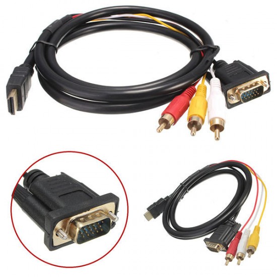 1.5m 5Ft HDTV HDMI to VGA HD-15 3 RCA Converter Adapter Connector Wire
