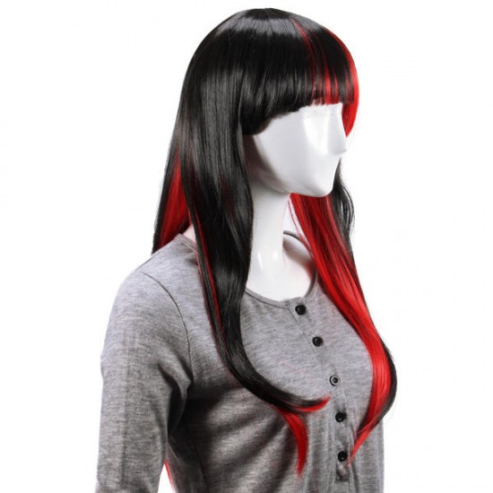 Animation Black Red Layered Wig Synthetic Hair Long Straight Women Wigs Cosplay Party 70cm