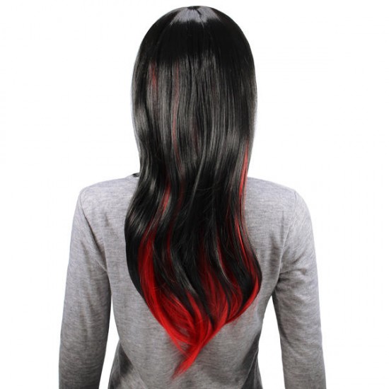 Animation Black Red Layered Wig Synthetic Hair Long Straight Women Wigs Cosplay Party 70cm