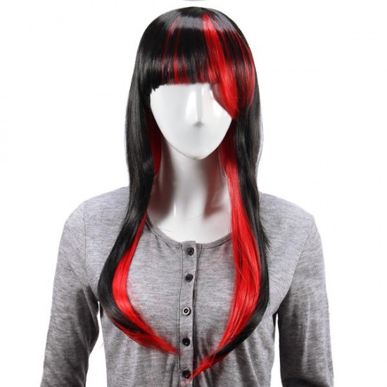 Animation Black Red Layered Wig Synthetic Hair Long Straight Women Wigs Cosplay Party 70cm