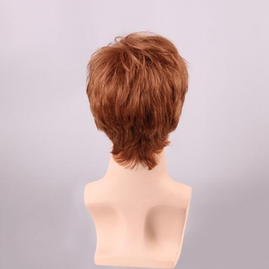 Auburn Brown Men Short Human Hair Wig Male Mono Top Virgin Remy Capless Side Bang