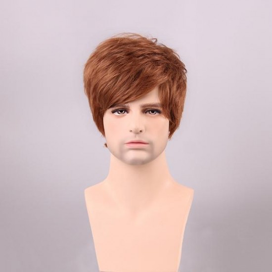 Auburn Brown Men Short Human Hair Wig Male Mono Top Virgin Remy Capless Side Bang