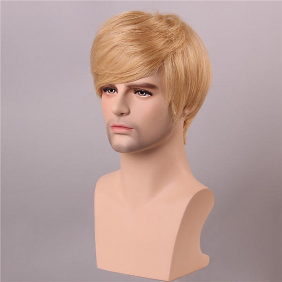 Blonde Men Short Mono Top Human Hair Wig Male Virgin Remy Capless Side Bang