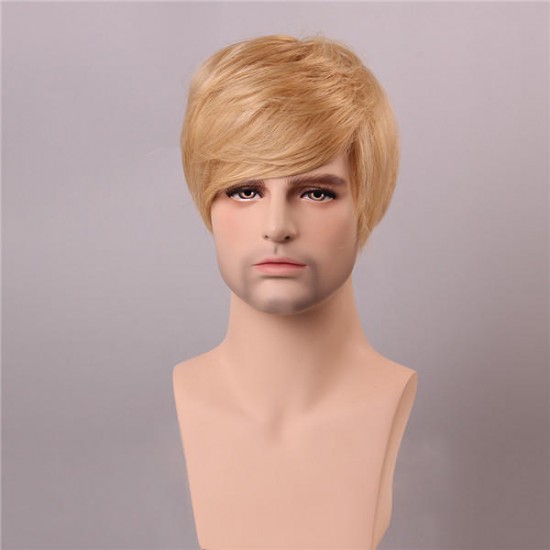 Blonde Men Short Mono Top Human Hair Wig Male Virgin Remy Capless Side Bang