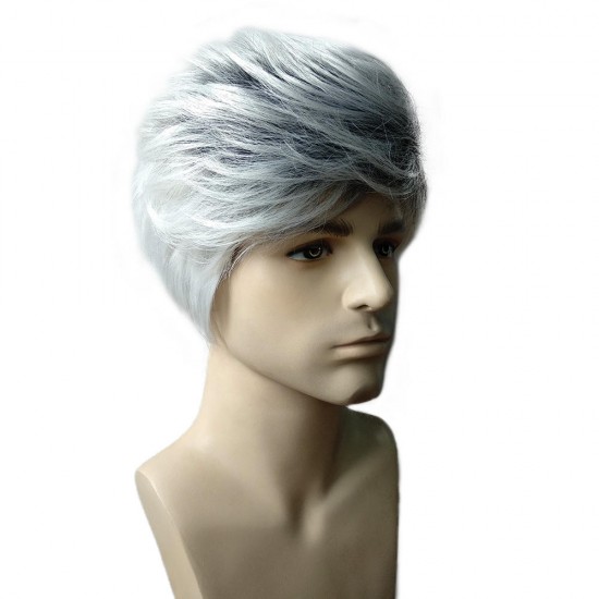 Fluffy Medium Grandma Gray Men Hair Wig Heat Resistant Synthetic Fiber
