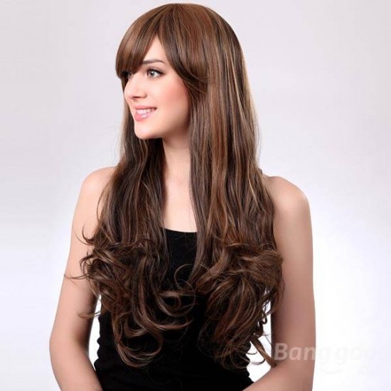 Brown Curly Long Inclined Bang Synthetic Capless Wig