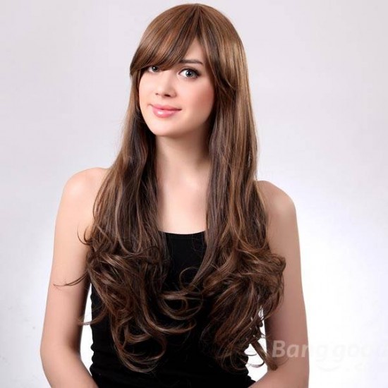 Brown Curly Long Inclined Bang Synthetic Capless Wig