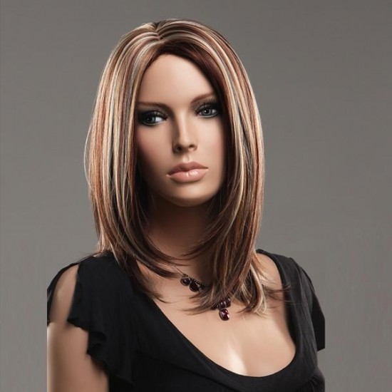 NAWOMI 100% Kanekalon Hair Wig Highlights Color Synthetic Parted Middle Medium Long Straight
