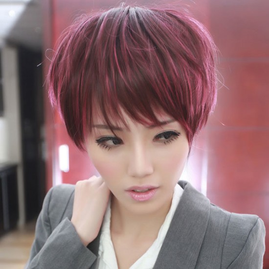 Wine Red Highlights Individual Oblique Bangs Wig