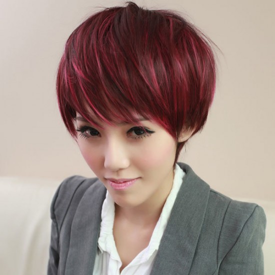 Wine Red Highlights Individual Oblique Bangs Wig