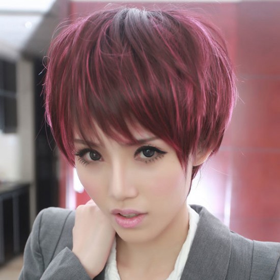 Wine Red Highlights Individual Oblique Bangs Wig