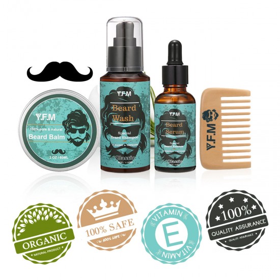 Y.F.M® 4 in 1 Organic Beard Growth Oil Balm Shampoo Serum Comb Kit Styling Tools Mustache Men Care Vitamin