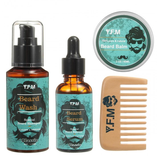 Y.F.M® 4 in 1 Organic Beard Growth Oil Balm Shampoo Serum Comb Kit Styling Tools Mustache Men Care Vitamin