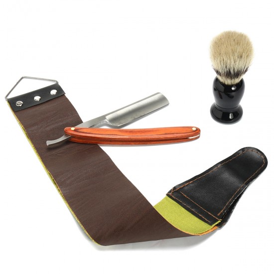 4Pcs Shaver Kit Cut Throat Straight Razor Shaving Brush Strop Wooden Box Gift Set