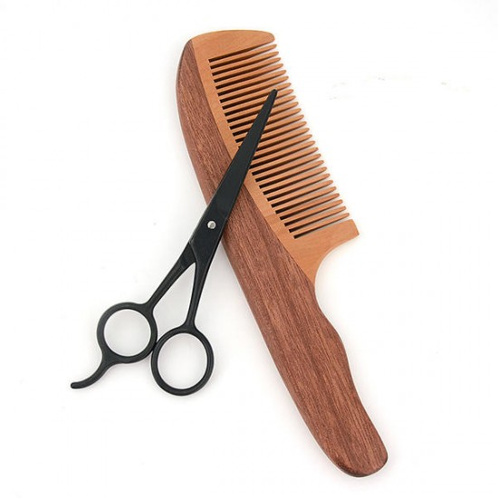 Men Intensive Wooden Beard Comb Scissors Two-piece Set Mustache Grooming Brushes