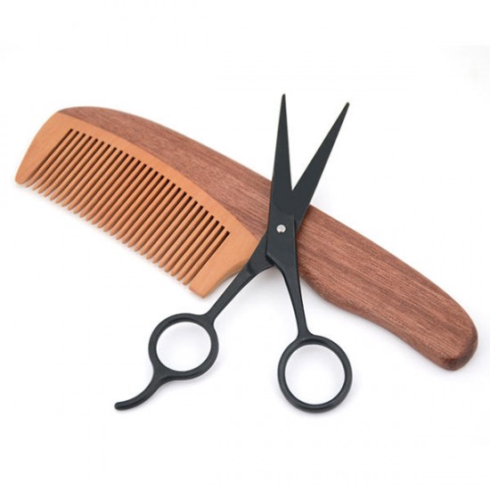Men Intensive Wooden Beard Comb Scissors Two-piece Set Mustache Grooming Brushes