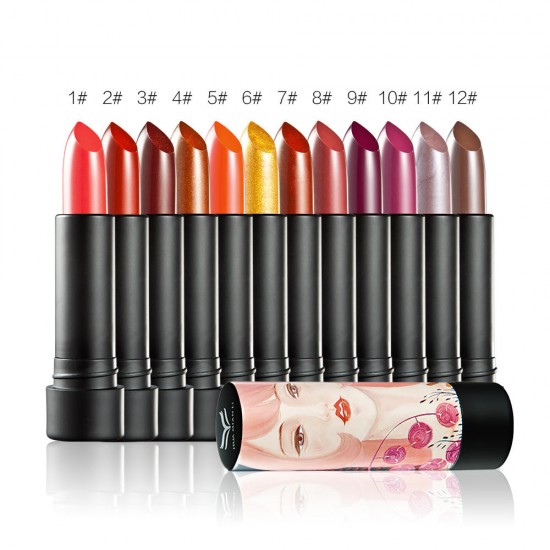 12 Colors Glitter Shimmer Lip Stick Lips Makeup Waterproof Long Lasting