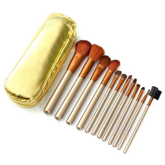 12Pcs Gold Professional Makeup Blush Eye Shadow Eyeliner Brush Set with Zipper Leather Bag Kit