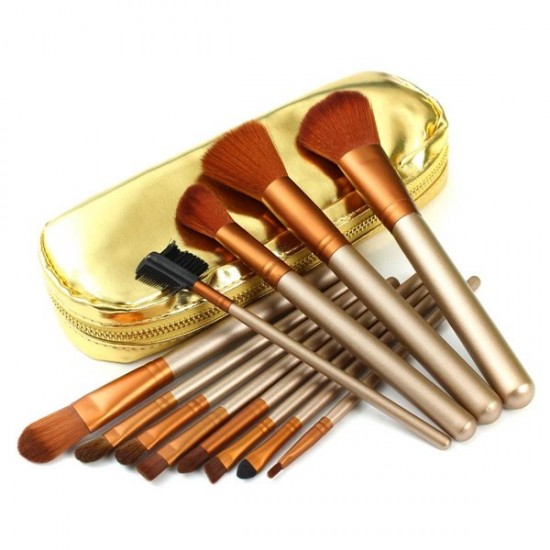 12Pcs Gold Professional Makeup Blush Eye Shadow Eyeliner Brush Set with Zipper Leather Bag Kit 12Pcs Gold Professional Makeup Blush Eye Shadow Eyeliner Brush Set with Zipper Leather Bag Kit