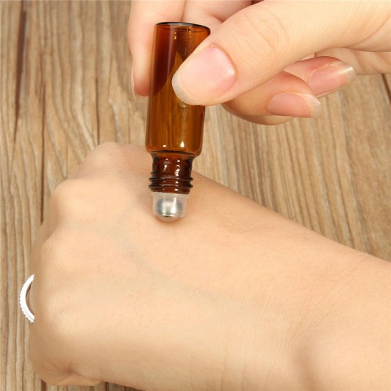 10pcs Amber Glass Roll On Roller Bottles Perfume Essential Oils Refillable Bottle With Metal Ball