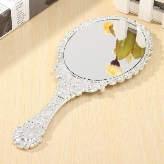 Vintage Repousse Oval Makeup Floral Mirror Hand Held Mirrors Silver Cosmetic
