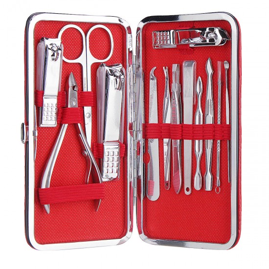 13Pcs Pedicure Manicure Set Nail Clipper Cuticle Cleaner Acne Remover Kit Case